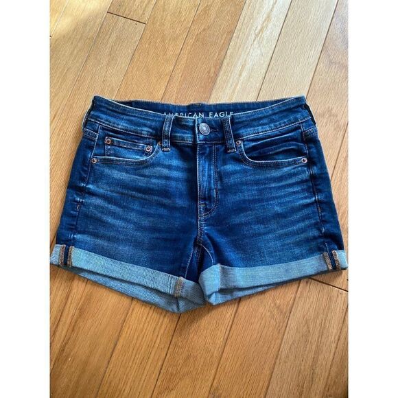 American Eagle super stretch womens med wash rolled hem midi shortie shorts sz 4 - Picture 1 of 9